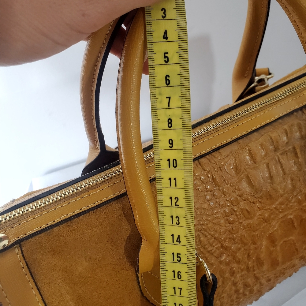 Mustard Yellow Croc-Embossed Suede Satchel Handbag - Picture 8 of 10
